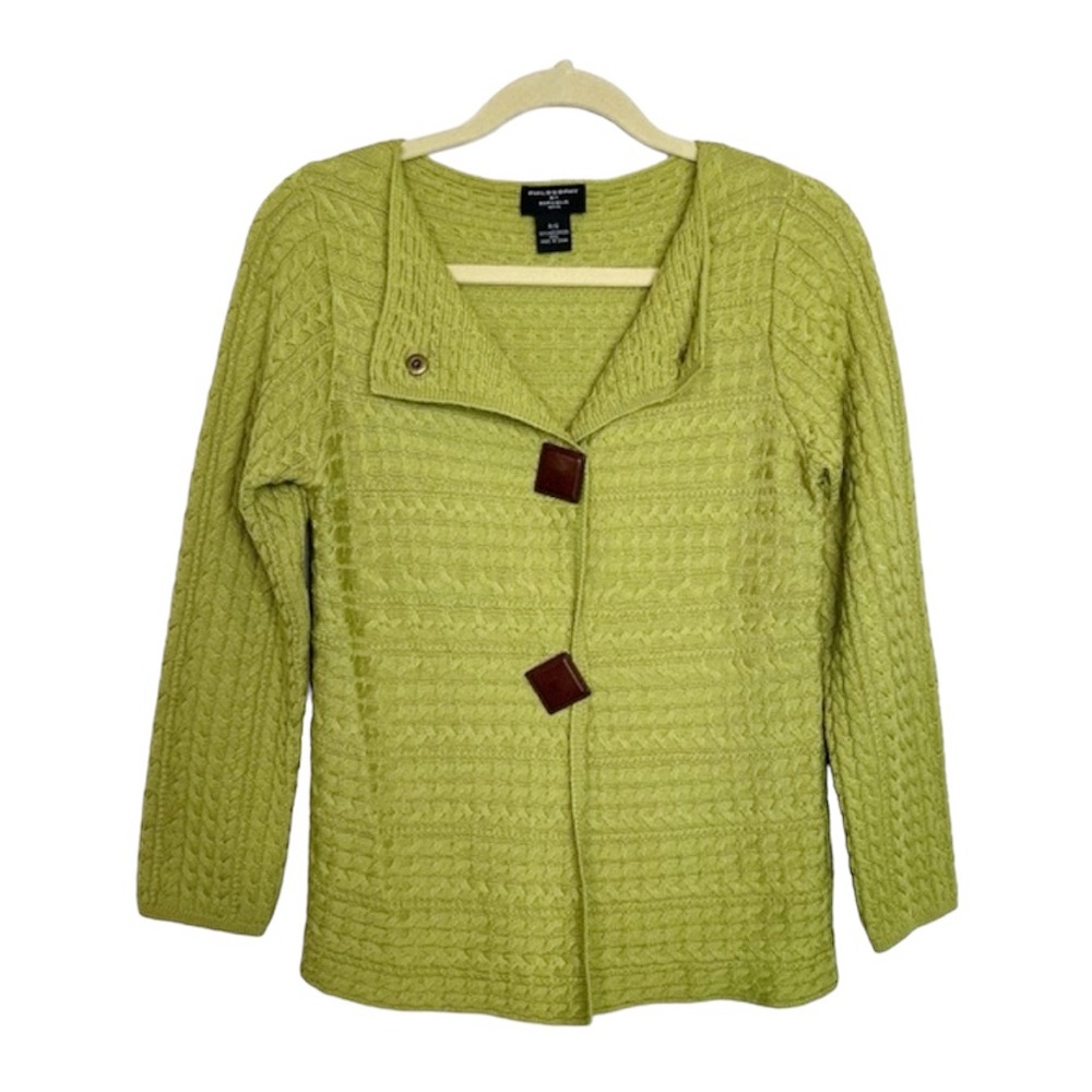 PHILOSOPHY REPUBLIC Lime Green 100% Wool Cardigan Sweater size Small Petite - Picture 2 of 15